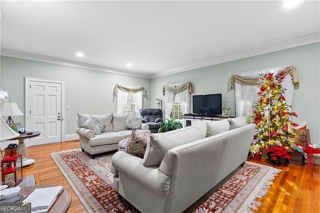 living room featuring light hardwood / wood-style floors and ornamental molding