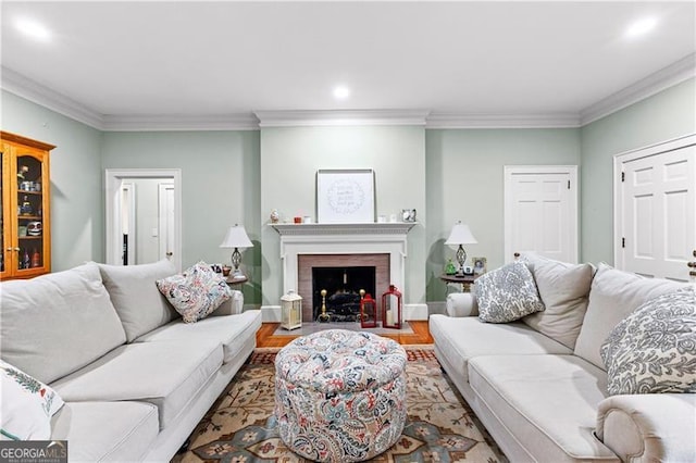 living room featuring wood-type flooring and crown molding