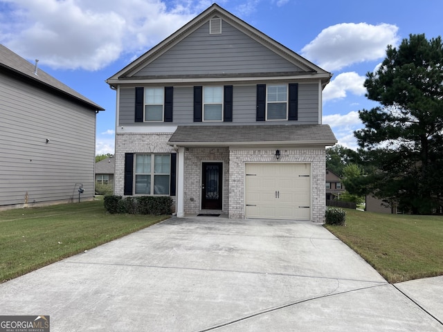 view of property featuring a garage and a front yard