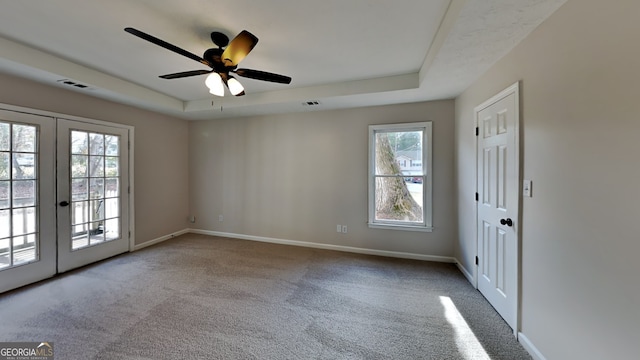 spare room with carpet, french doors, a raised ceiling, and a healthy amount of sunlight