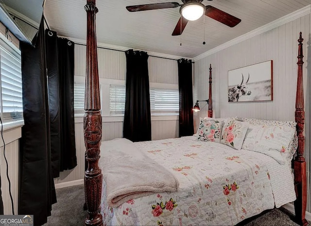 bedroom with carpet, multiple windows, ceiling fan, and ornamental molding