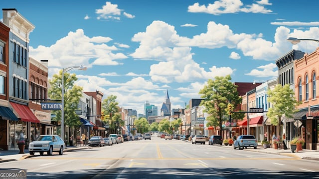 view of road with sidewalks, a view of city, curbs, and street lights