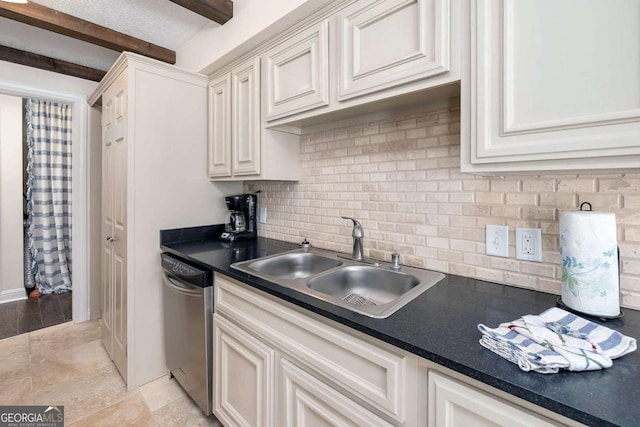 kitchen with beam ceiling, backsplash, dishwasher, and sink