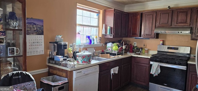 kitchen with exhaust hood, white dishwasher, sink, ornamental molding, and gas stove