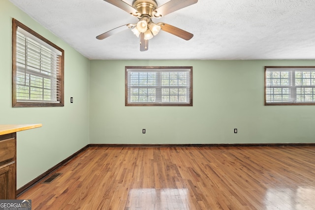 spare room featuring plenty of natural light, a textured ceiling, and light wood-type flooring