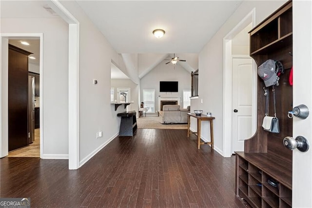 mudroom featuring vaulted ceiling, ceiling fan, and dark hardwood / wood-style floors