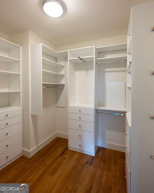 walk in closet with dark hardwood / wood-style flooring