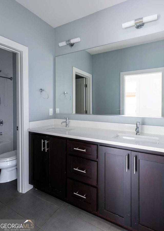 full bathroom with tile patterned floors, vanity, shower / bathtub combination, and toilet