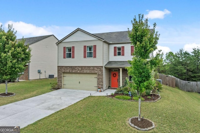 view of front of house with central AC unit, a garage, and a front lawn