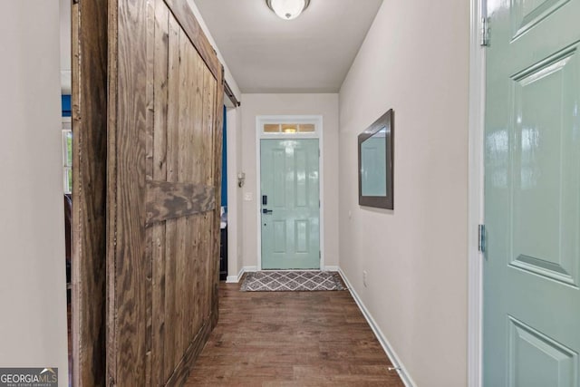 doorway to outside featuring a barn door and dark hardwood / wood-style flooring