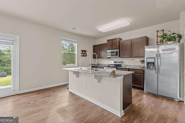 kitchen with a center island with sink, plenty of natural light, sink, and stainless steel appliances