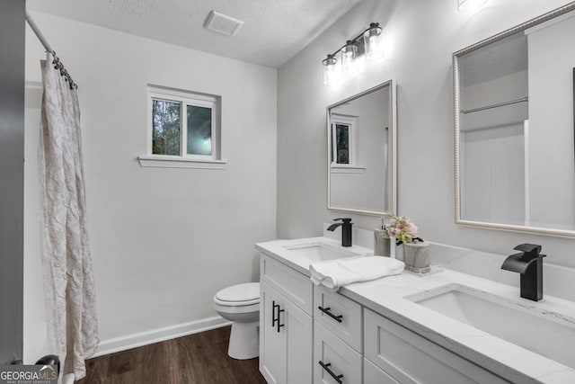 bathroom featuring vanity, toilet, wood-type flooring, and a textured ceiling