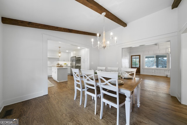 dining area featuring vaulted ceiling with beams, dark hardwood / wood-style floors, and a notable chandelier