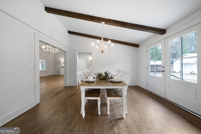 dining space featuring a chandelier, vaulted ceiling with beams, and dark hardwood / wood-style floors