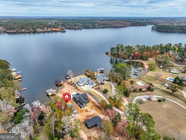 drone / aerial view with a water view