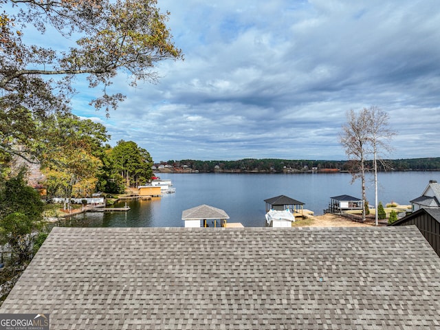 view of water feature featuring a gazebo and a dock