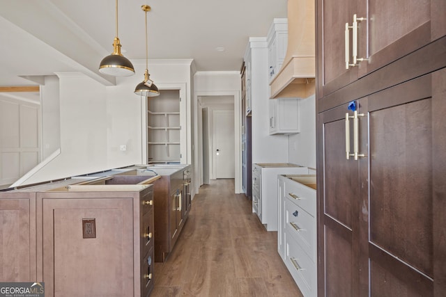 kitchen featuring premium range hood, crown molding, wood-type flooring, pendant lighting, and white cabinets