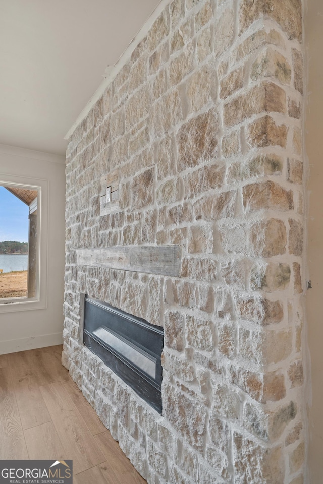 interior details with a fireplace, hardwood / wood-style flooring, and crown molding