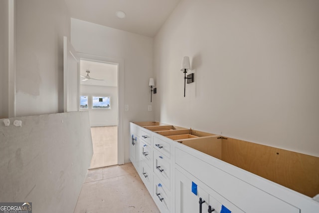 bathroom featuring tile patterned flooring and ceiling fan