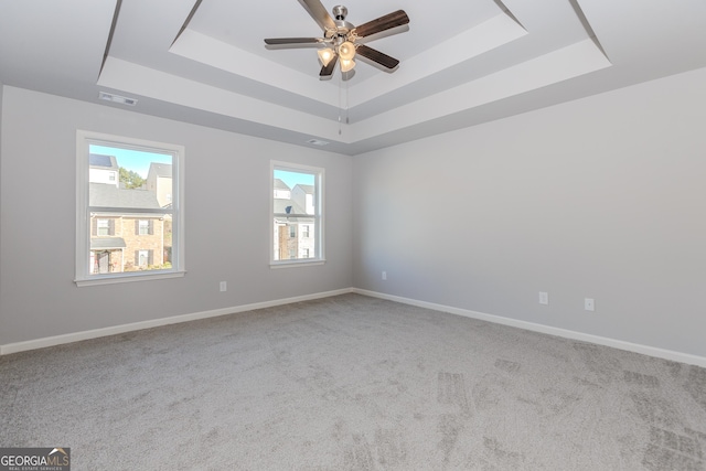 unfurnished room with a tray ceiling, a healthy amount of sunlight, and light colored carpet