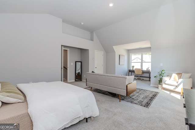 bedroom with light carpet, baseboards, high vaulted ceiling, and recessed lighting