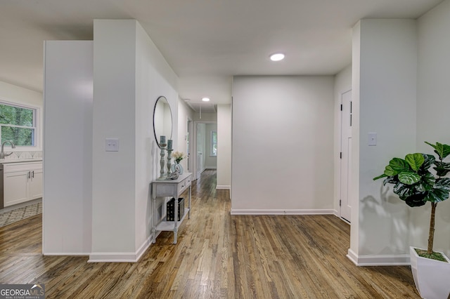 hall with hardwood / wood-style floors and sink