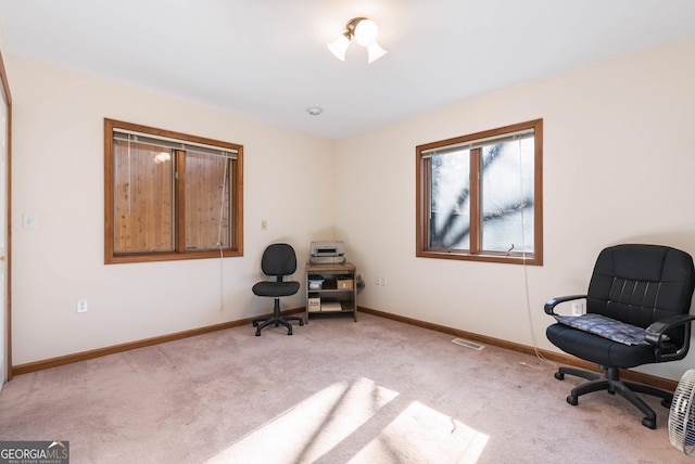 sitting room featuring light carpet