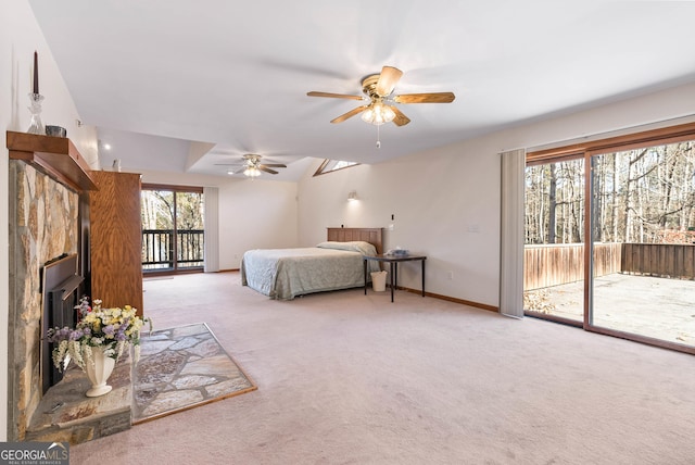 bedroom with access to outside, ceiling fan, and carpet floors