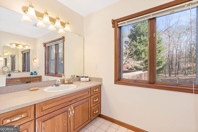 bathroom with tile patterned floors, plenty of natural light, and vanity