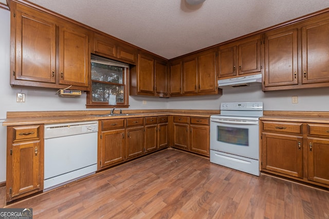 kitchen featuring a textured ceiling, sink, white appliances, and dark wood-type flooring