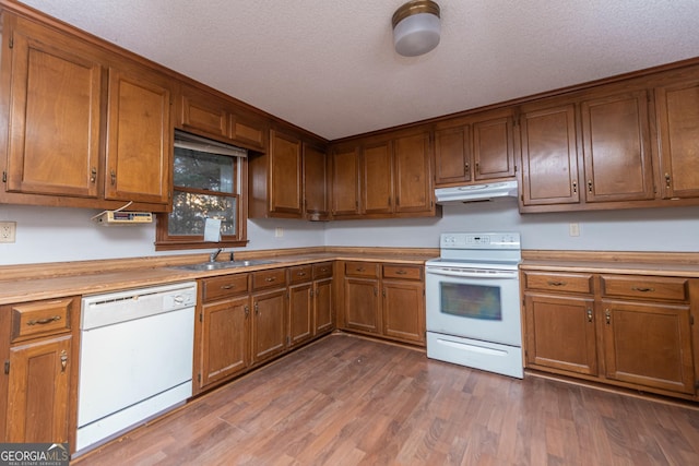 kitchen with a textured ceiling, white appliances, dark hardwood / wood-style floors, and sink