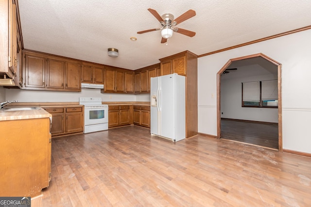 kitchen with light wood-type flooring, white appliances, and sink