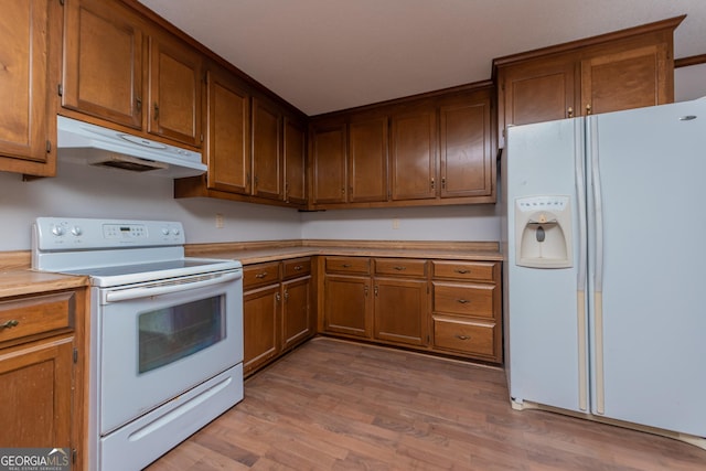 kitchen with light hardwood / wood-style flooring and white appliances