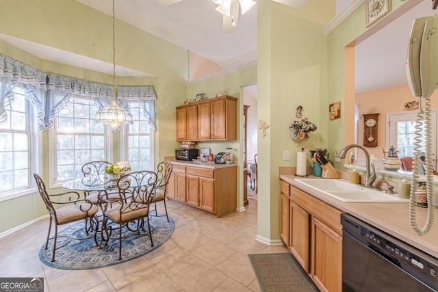 kitchen with ceiling fan with notable chandelier, sink, light tile patterned floors, black dishwasher, and decorative light fixtures