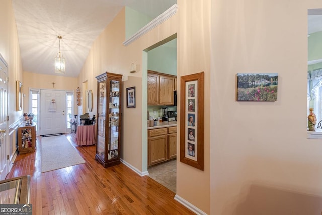 entryway featuring light hardwood / wood-style floors and high vaulted ceiling