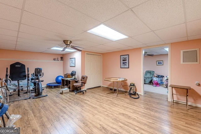 exercise area featuring light wood-type flooring, a drop ceiling, and ceiling fan