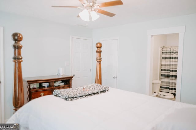 bedroom featuring connected bathroom and ceiling fan