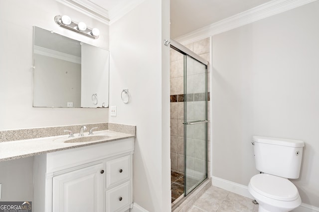 bathroom with tile patterned flooring, crown molding, an enclosed shower, toilet, and vanity