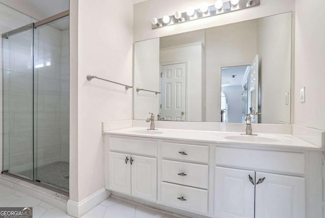 bathroom featuring tile patterned floors, vanity, and walk in shower