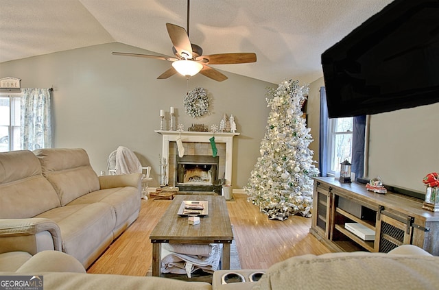 living room featuring hardwood / wood-style flooring, vaulted ceiling, and plenty of natural light