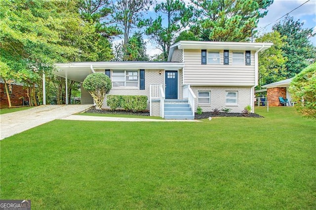 tri-level home featuring a front yard and a carport