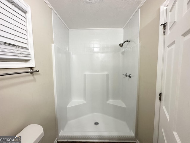 bathroom with toilet, a textured ceiling, and walk in shower