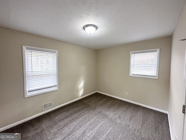 unfurnished room with a textured ceiling and carpet floors