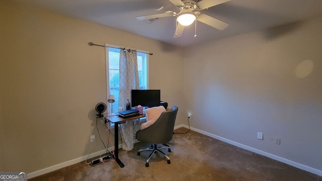 home office featuring carpet flooring and ceiling fan