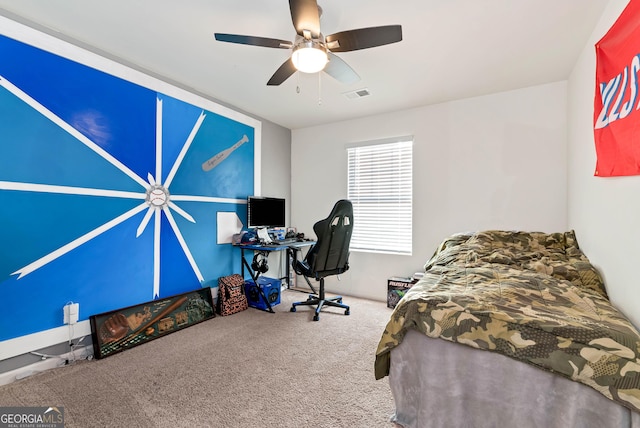 carpeted bedroom with visible vents and ceiling fan