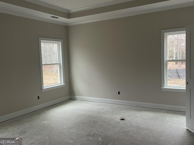 spare room featuring ornamental molding and plenty of natural light