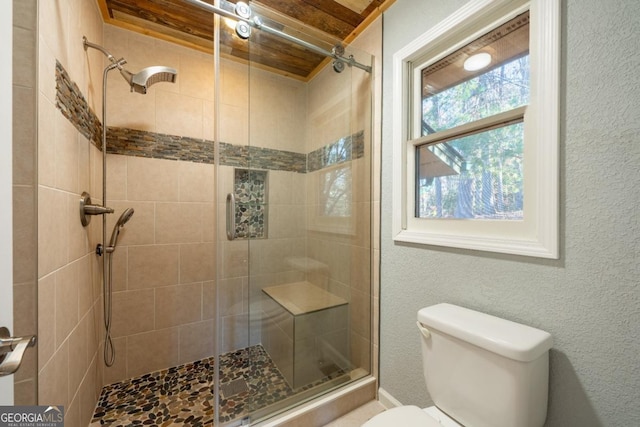 bathroom with toilet and a shower with door