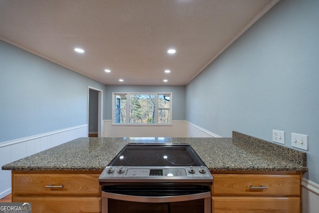 kitchen with dark stone counters and stainless steel electric range