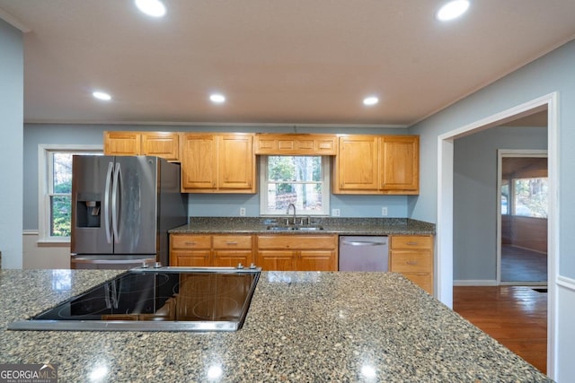 kitchen with appliances with stainless steel finishes, hardwood / wood-style flooring, a healthy amount of sunlight, and sink