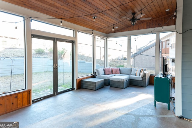 sunroom / solarium with ceiling fan and wood ceiling